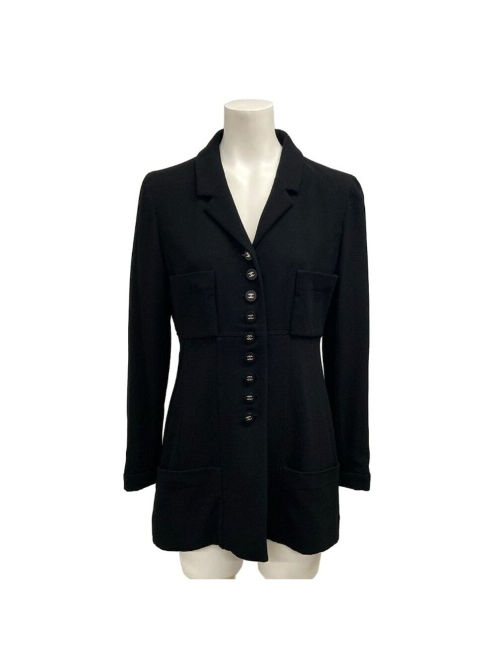 Chanel Jacket Black Long Sleeve CC Logo Silver Wool